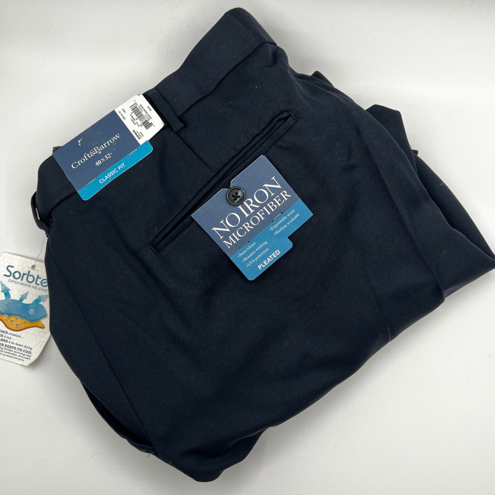 Croft Barrow Dress Pants Mens 40x32 Navy New Pleated Microfiber Classic Business